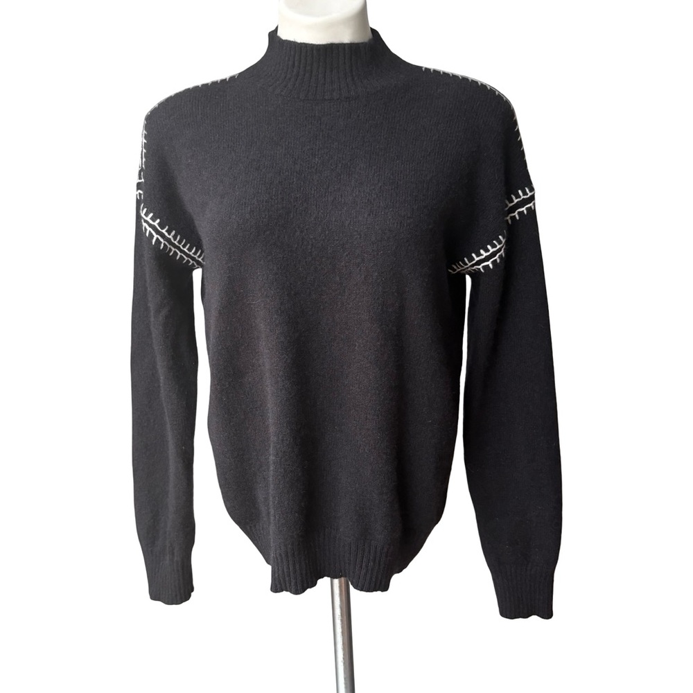 The Cashmere Project Black Mock Neck Cashmere Sweater w/White Stitch Trim, Sz L